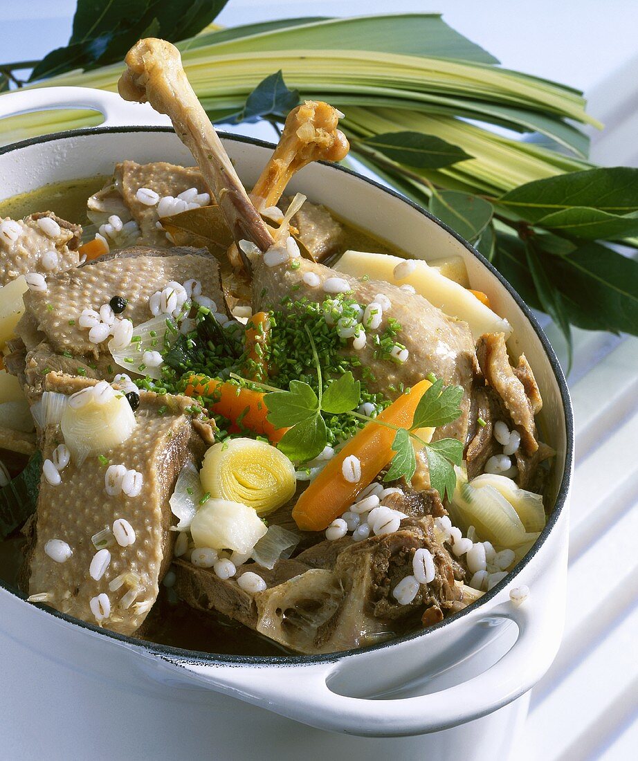 Boiled goose with vegetables and pearl barley