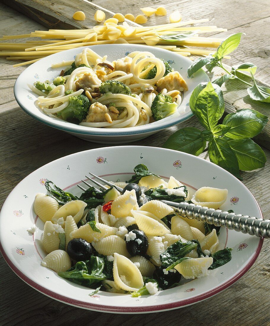 Conchiglie with spinach, bucatini with broccoli