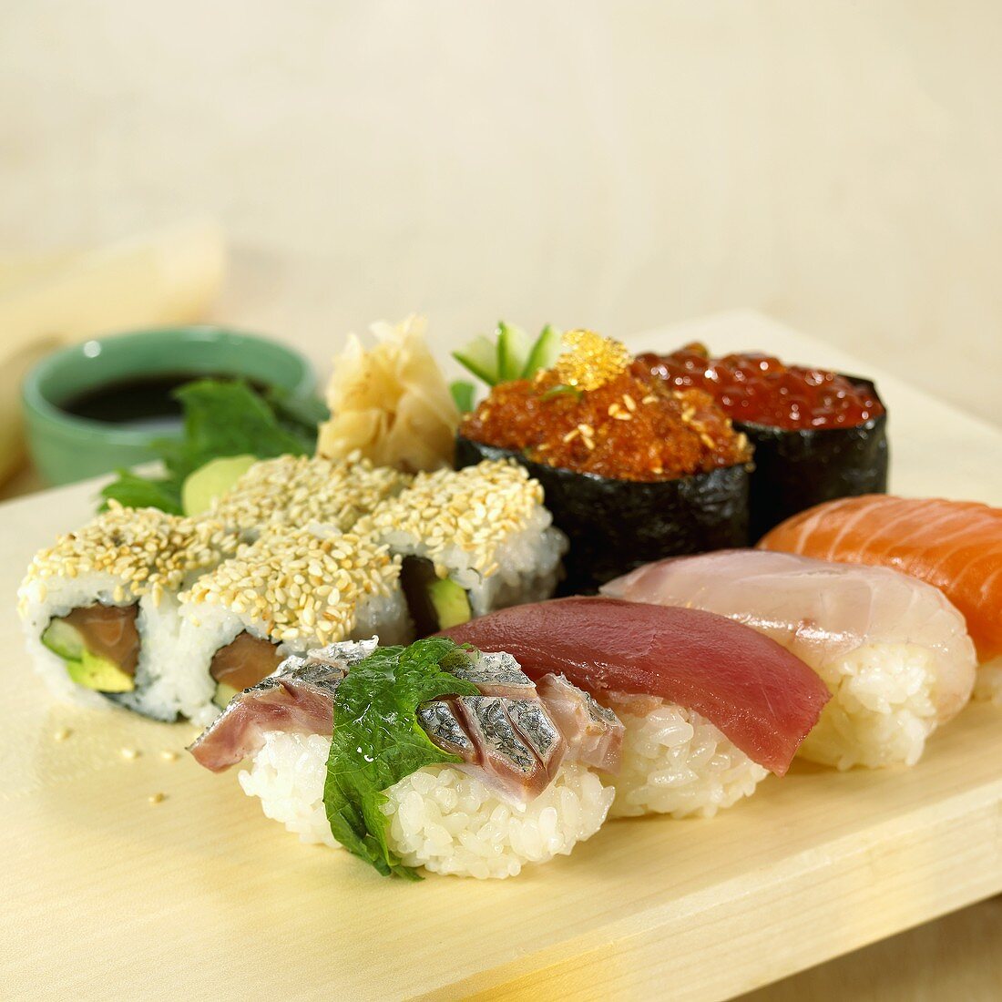 Various types of sushi on a platter