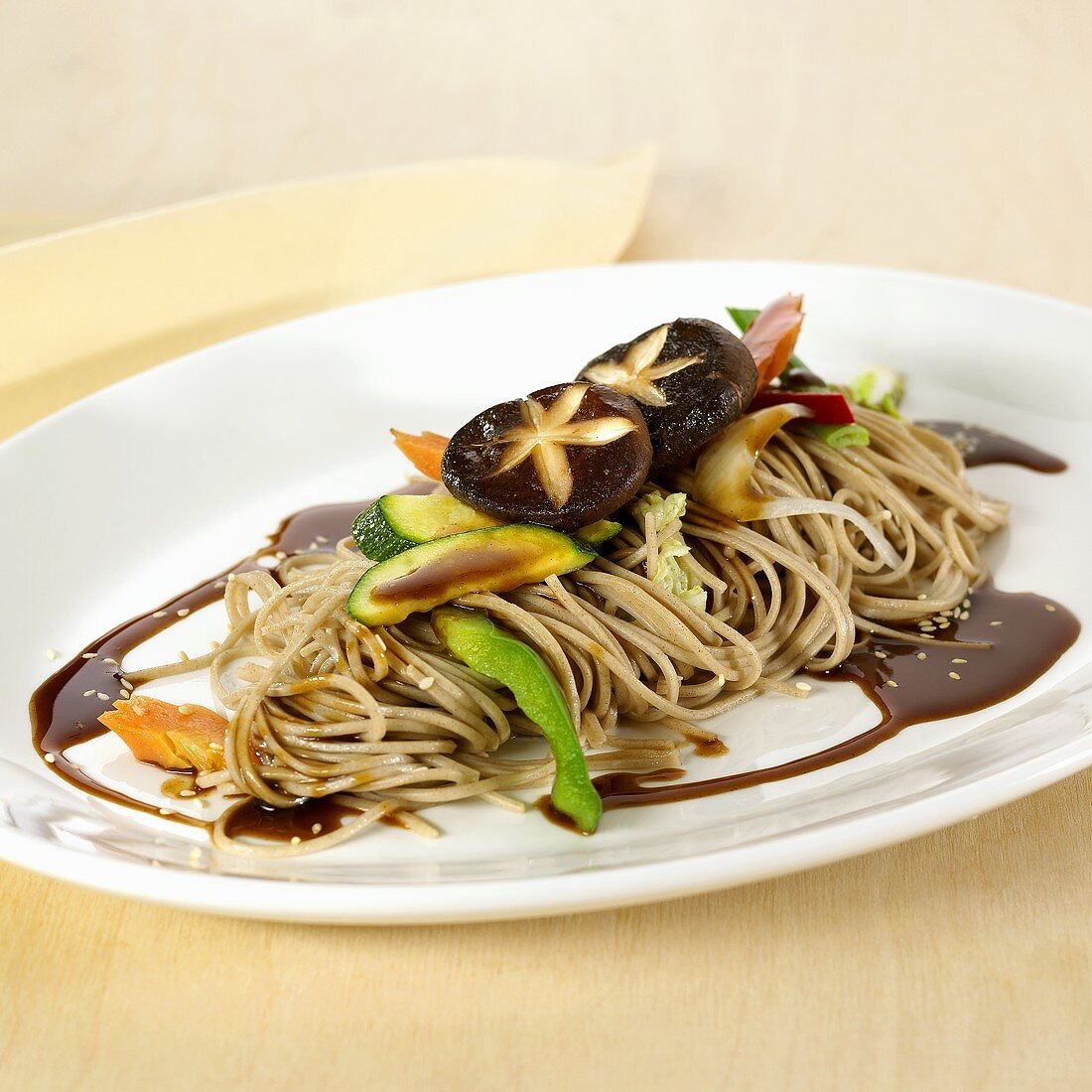 Soba noodles with vegetables and soy sauce