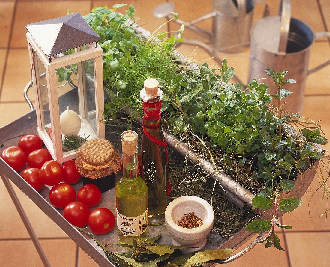 Tomatoes, grape seed oil etc. and fresh herbs