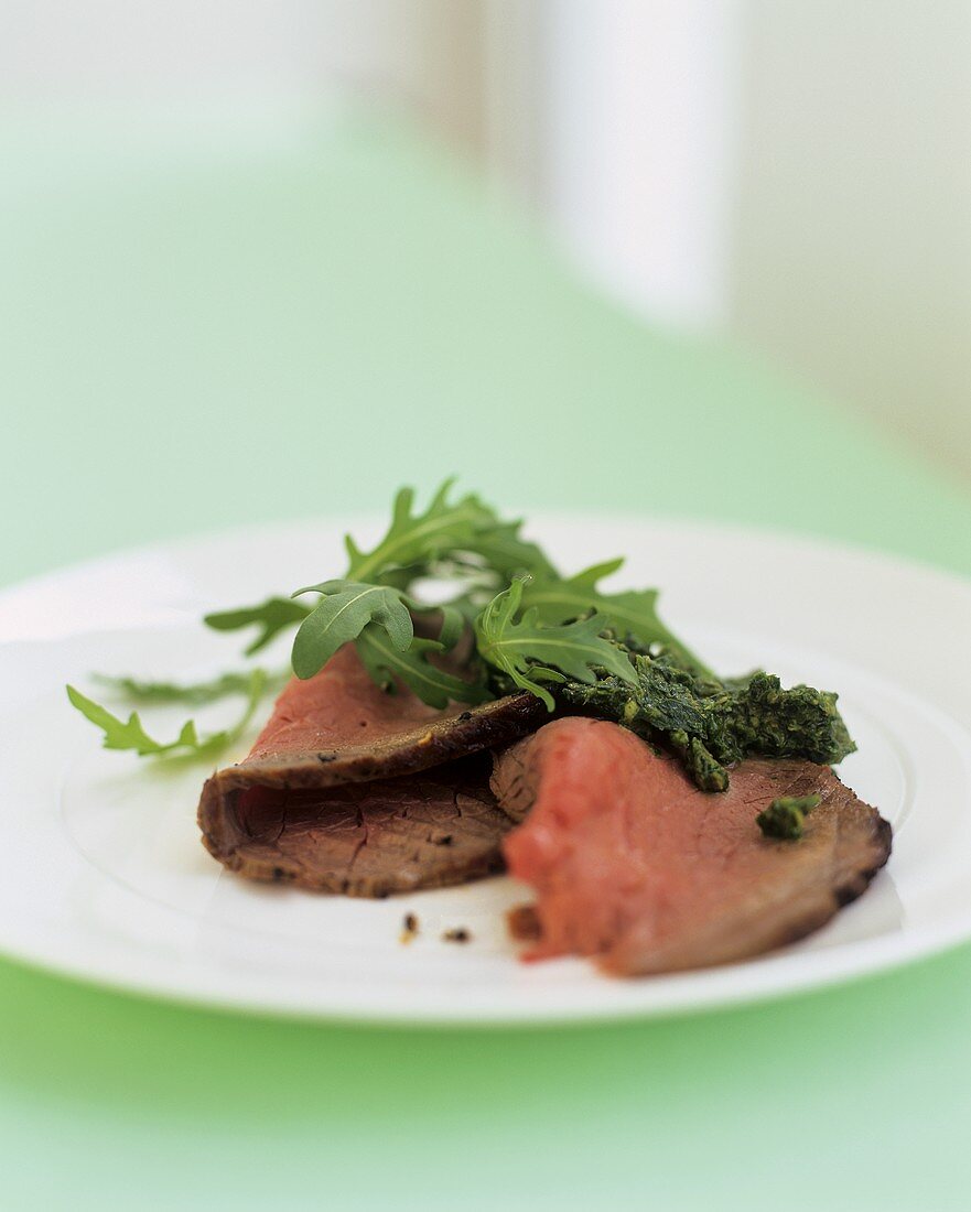 Roast beef with salsa verde and rocket