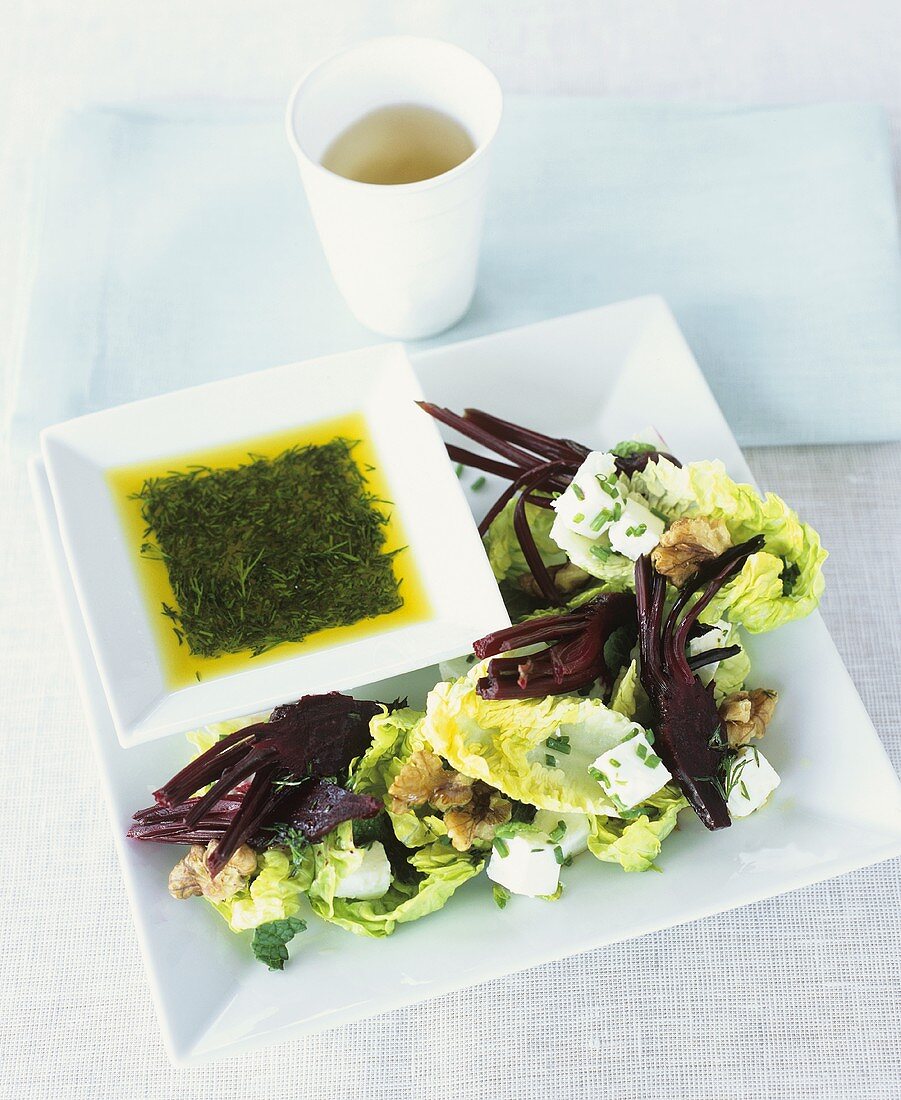 Lettuce with beetroot, sheep's cheese and dill oil dip