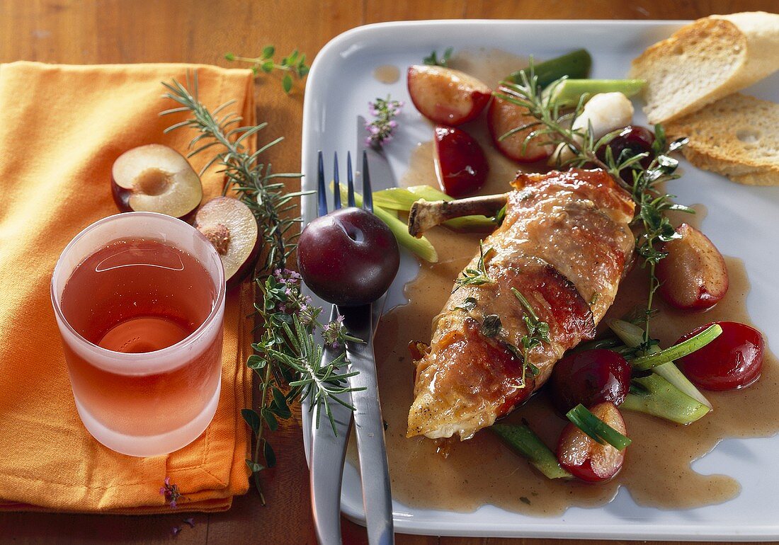 Roast chicken breast with plums