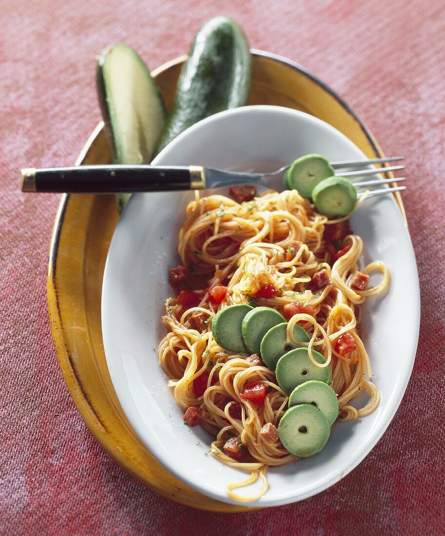 Pasta with chorizo and avocado