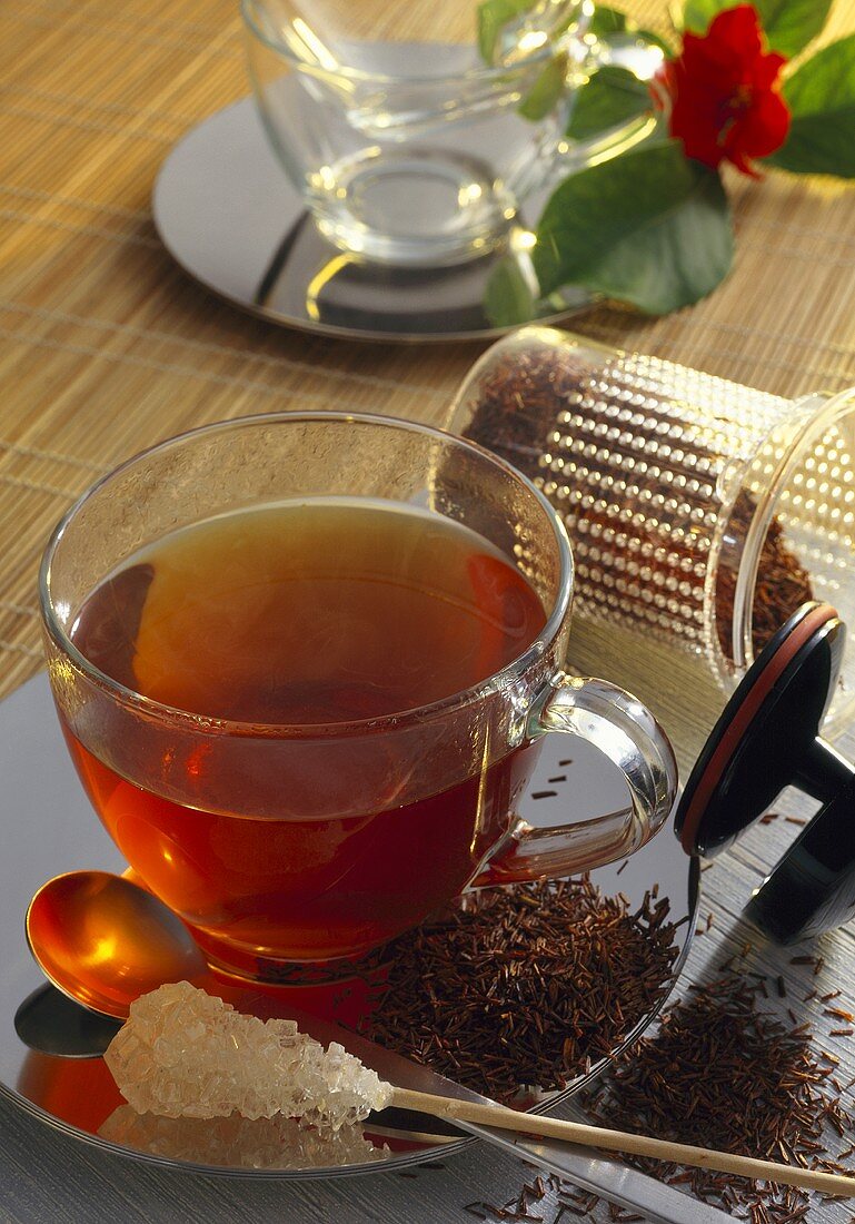 Teestilleben mit Kandisstange, Rooibostee und Teetasse