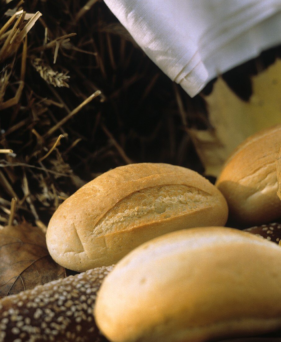 Mehrere helle Brötchen & dunkles Sesambaguette auf Stroh