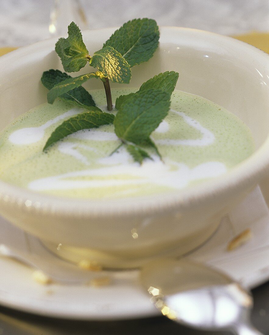 Pea soup with sprig of mint