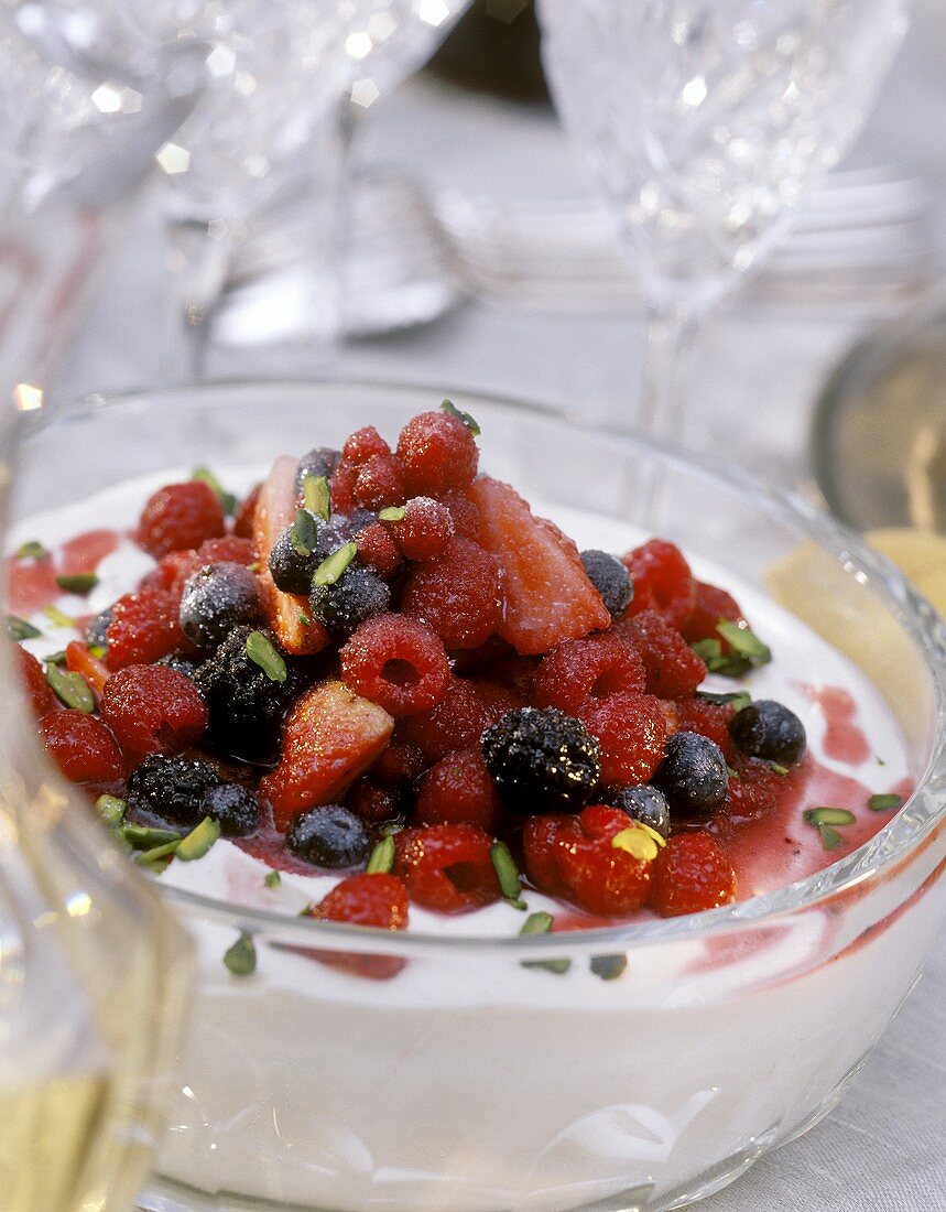 Berry Salad over Mascarpone topped with Pistachios