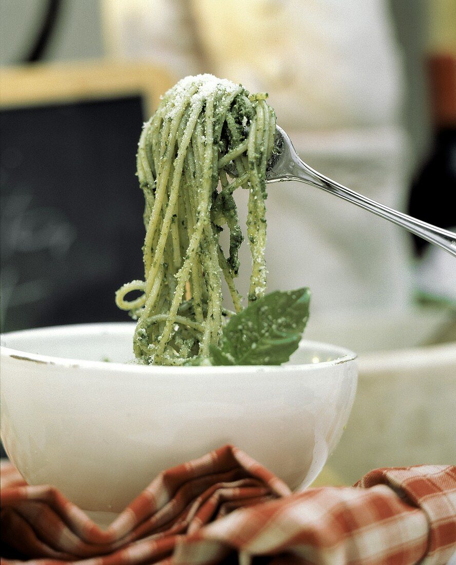 Longuine with Pesto in a Bowl; Fork