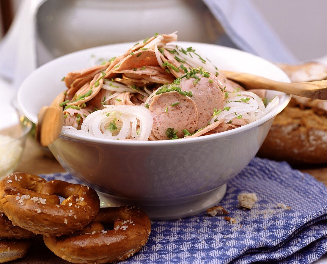 Bavarian sausage salad with onion rings & chives