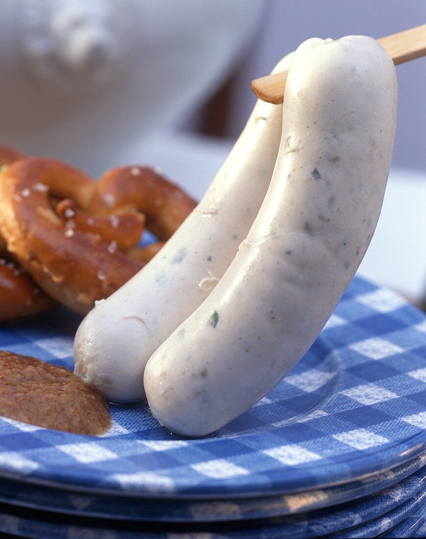 Pair of white sausages (Weisswurst), mustard & pretzels