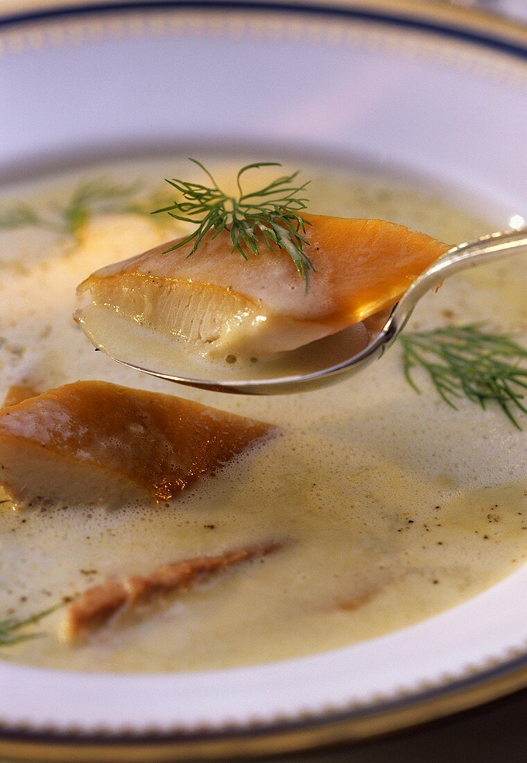 Cream of leek soup with smoked trout fillet