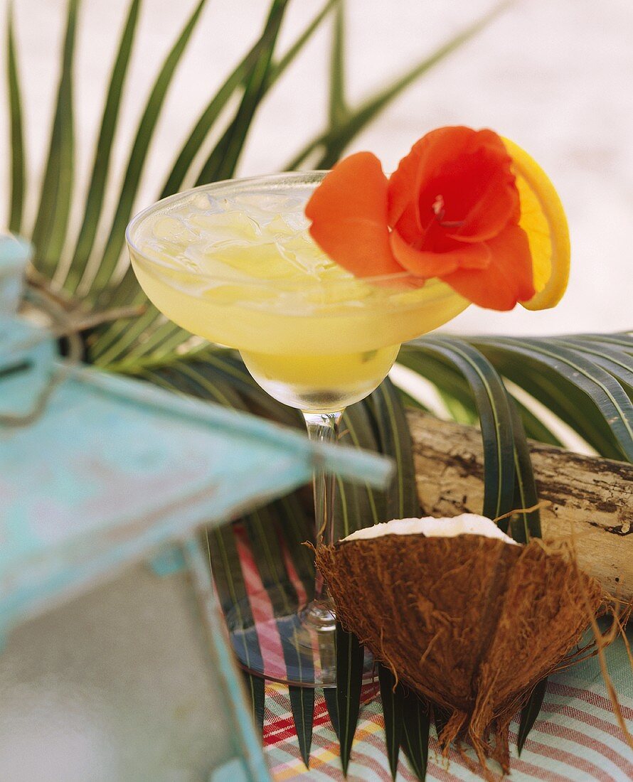 Karibischer Drink mit Eiswürfeln, Orangenscheibe, Blüte