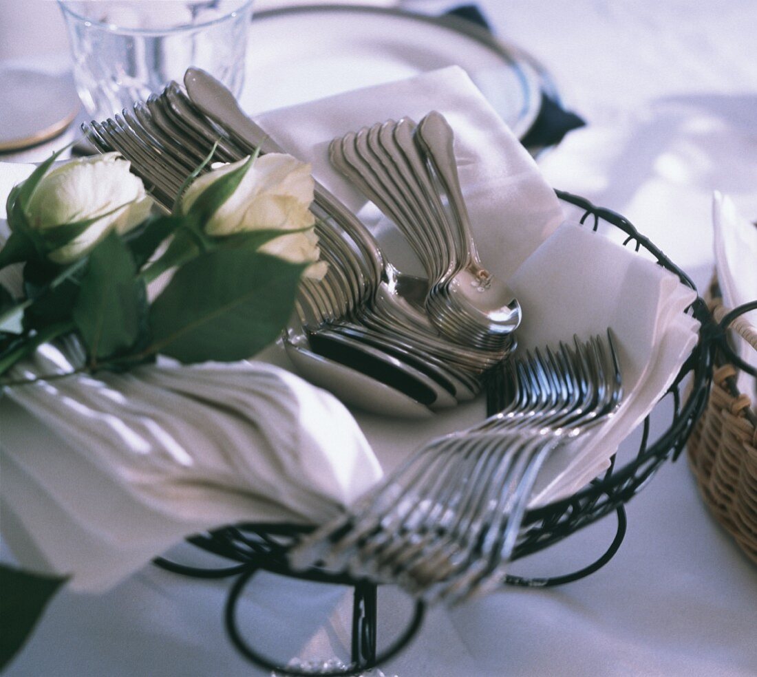 Basket with Silverware for a Buffet