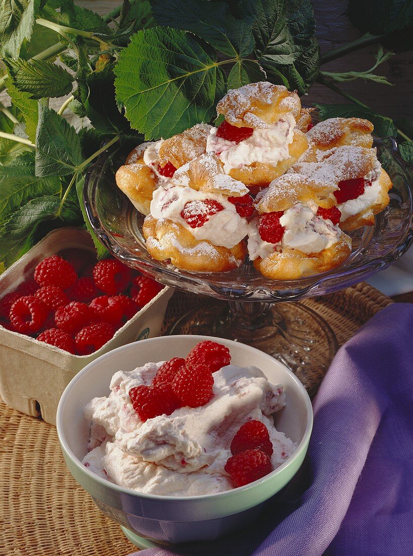 Profiteroles with mascarpone cream and raspberries