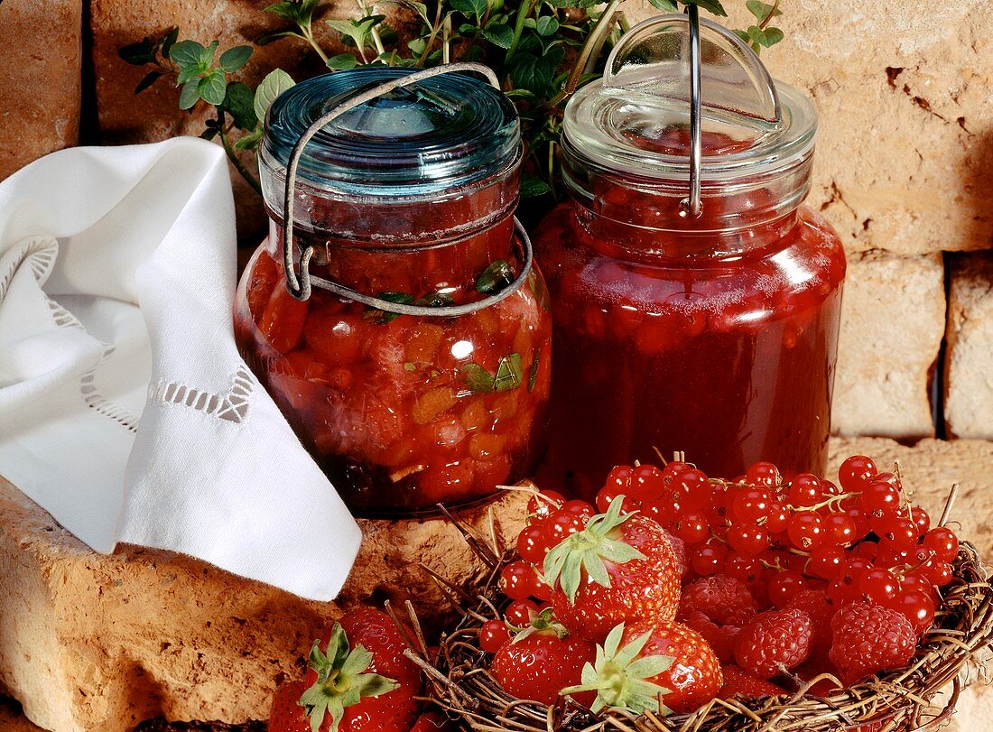 Strawberry preserve with rhubarb & raspberry & redcurrant jelly