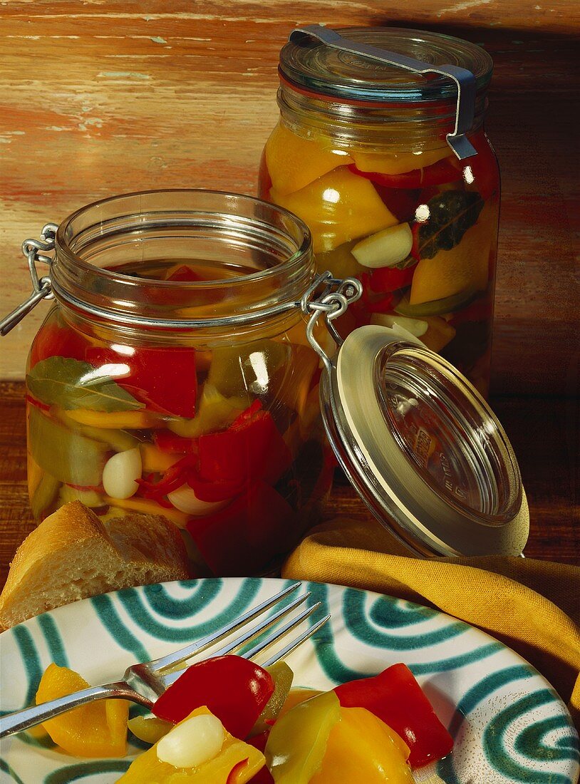 Sweet and sour hot peppers in jars