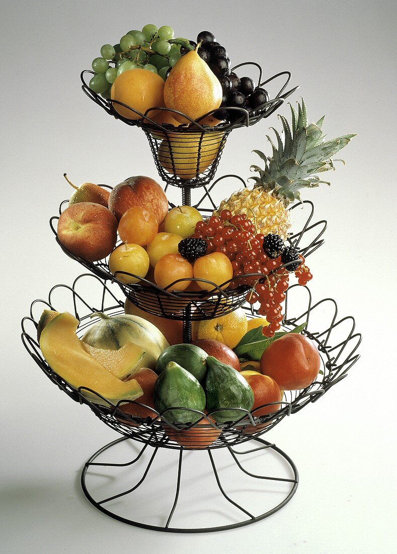 Mixed Fruit in a Three-tiered Wire Basket