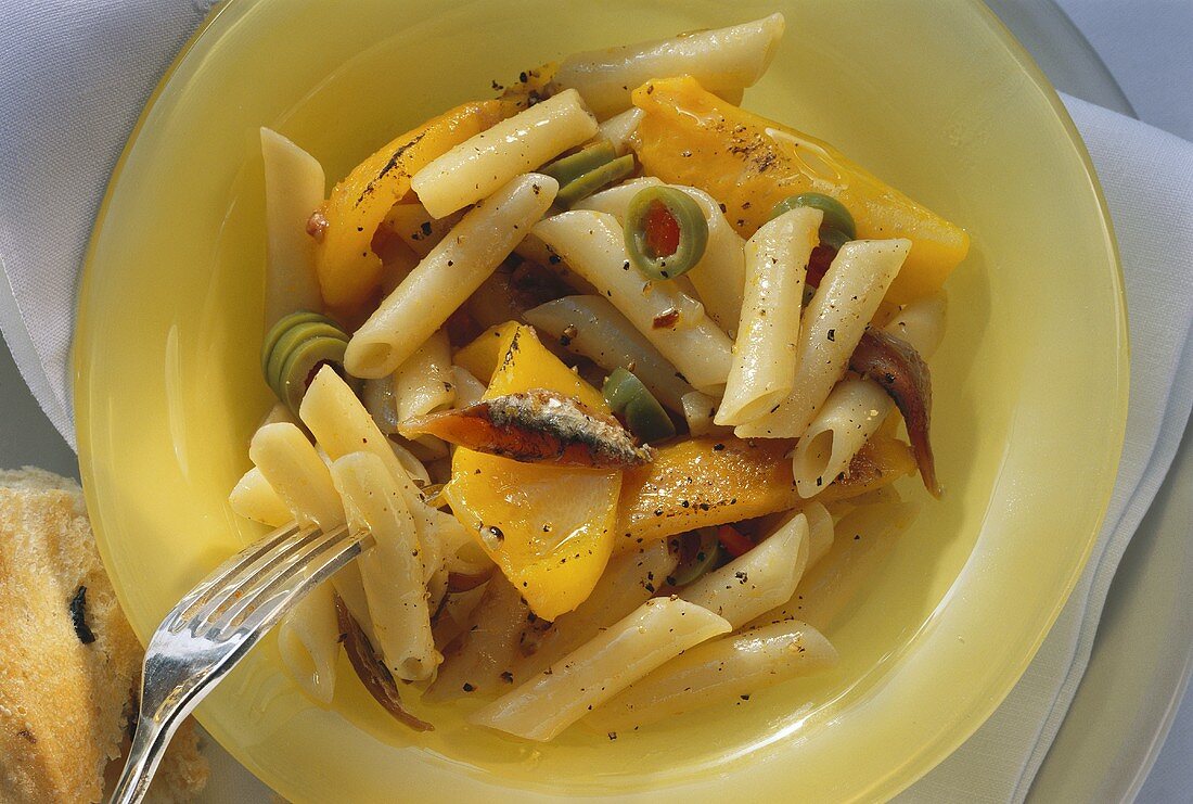 Penne with yellow pepper, anchovies & green olives