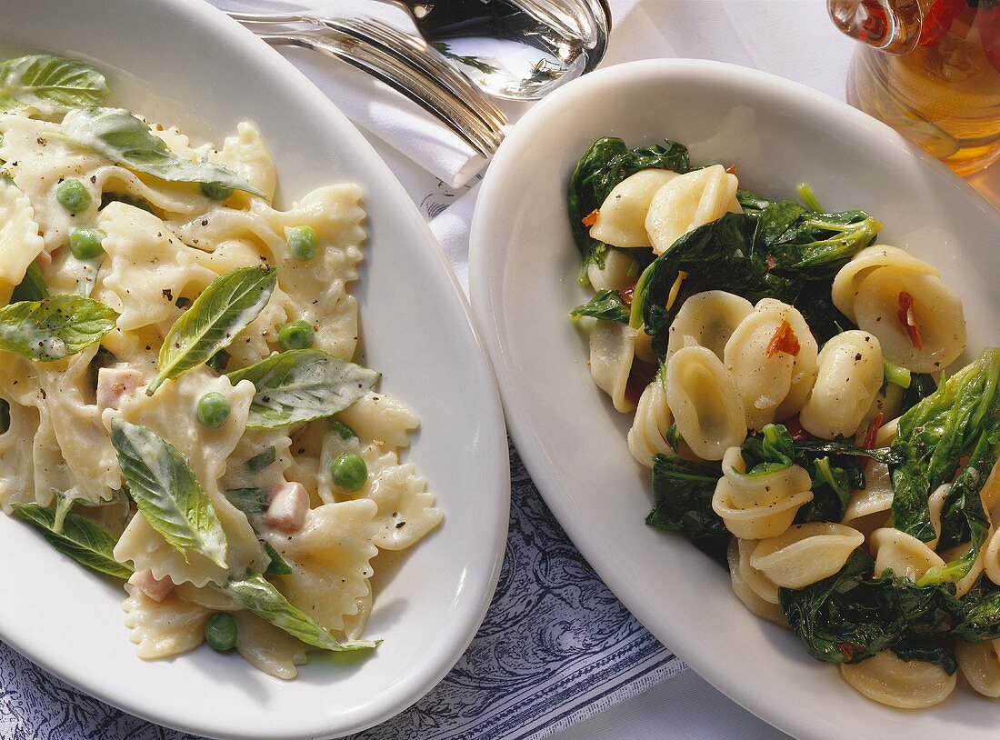 Farfalle with peas & mint; orecchiette with spinach