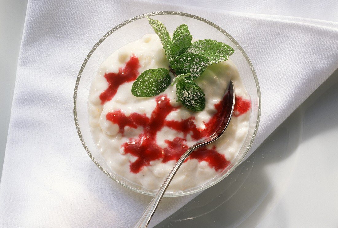 Vanilla Rice Pudding with Raspberry Sauce and Mint