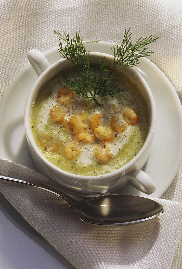 Holstein potato soup with shrimps and dill