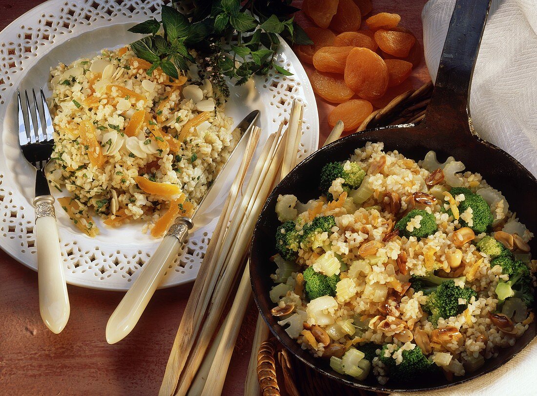 Bulgur pilau with apricots & bulgur stir-fry with broccoli