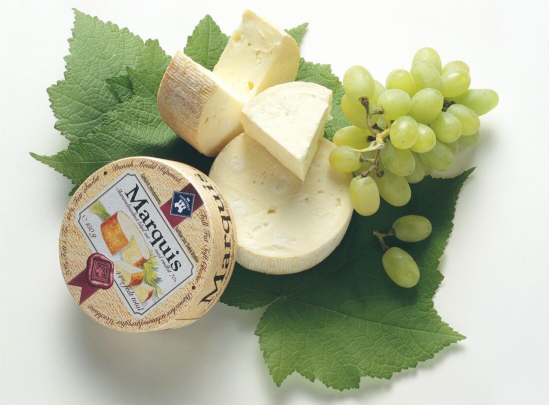 Marquis (Danish soft cheese) with grapes & vine leaves