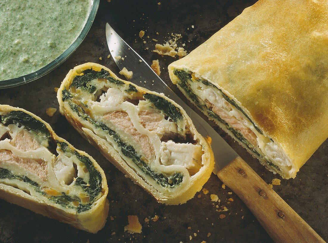 Salmon & pike-perch strudel with spinach & vegetable puree
