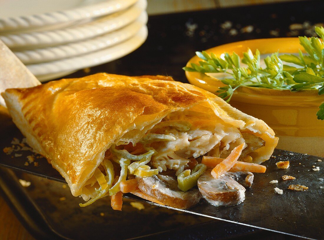 Brook trout with mushrooms, leeks & carrots in puff pastry