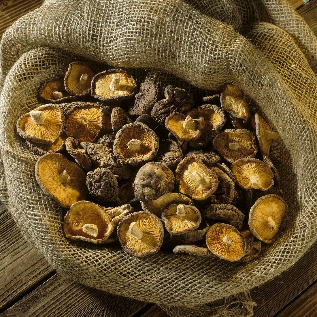Many dried Tongku mushrooms (Donggu) on jute sack