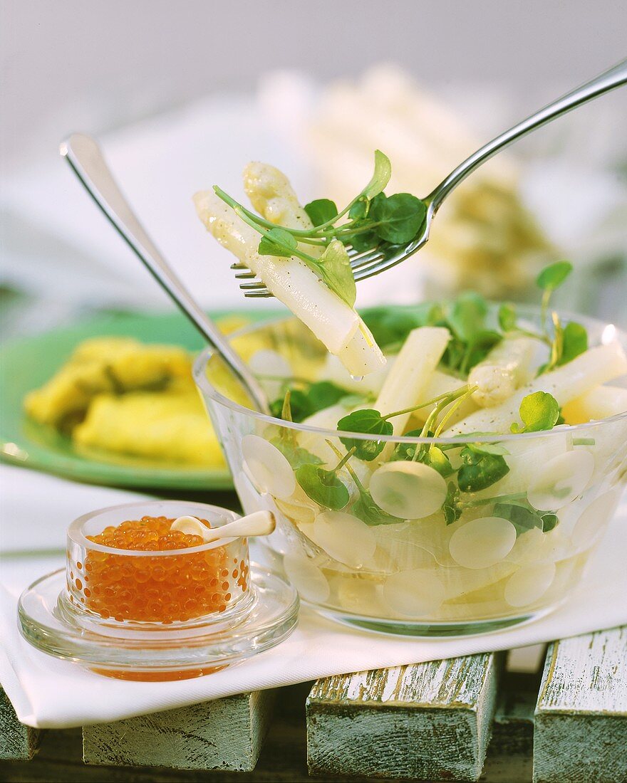 White Asparagus Salad; Salmon Caviar