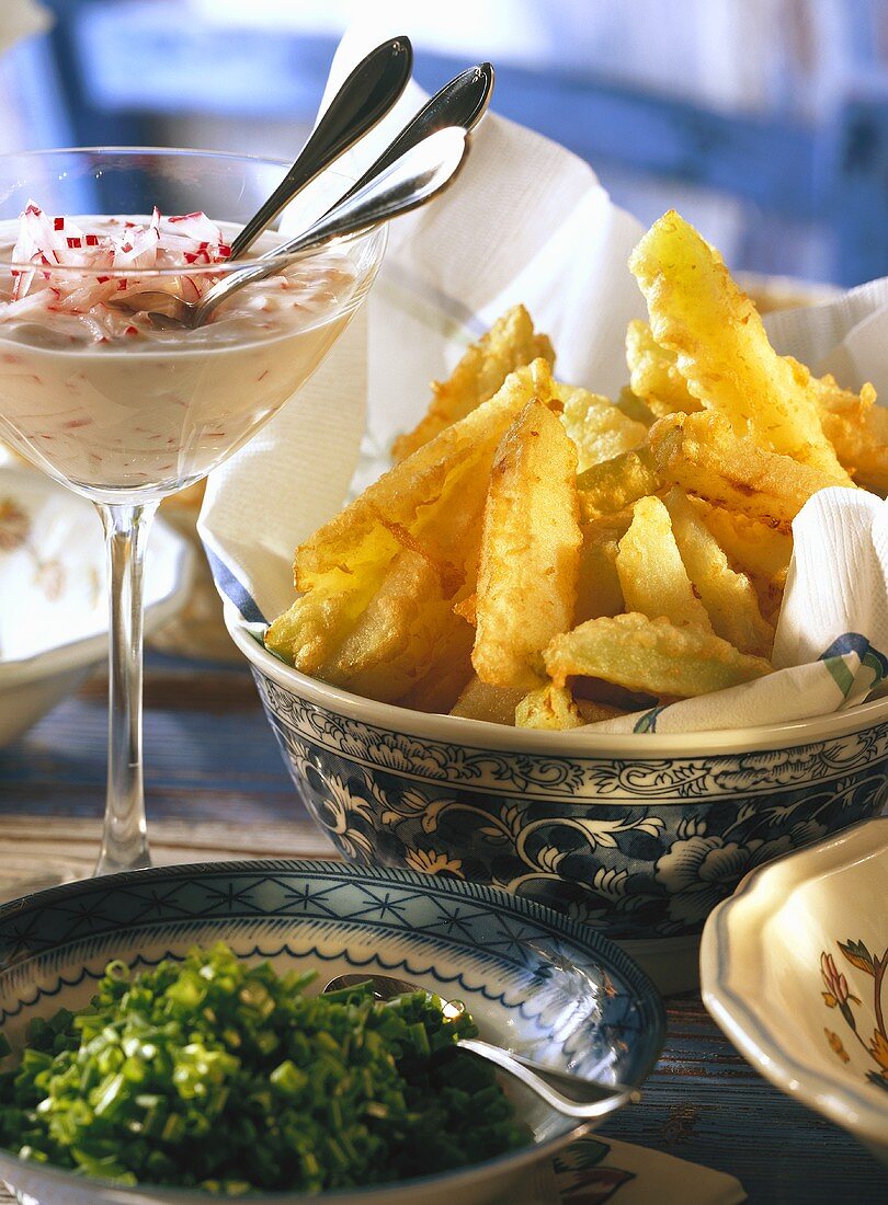 Fried Kohlrabi Sticks with Radish Sauce; Green Onion