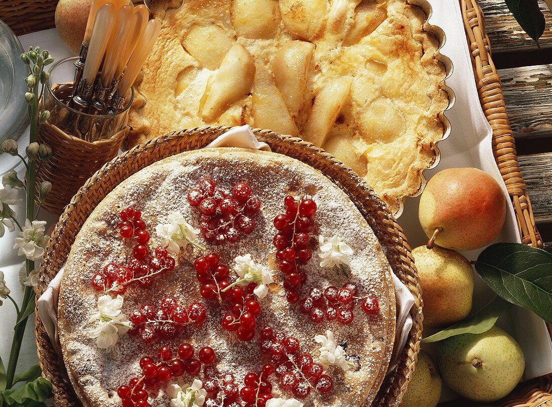 Pear tart with sour cream topping and redcurrant tart