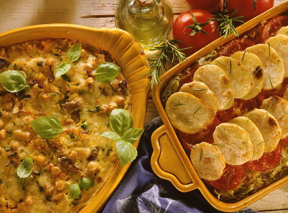 Chick pea & vegetable casserole and potato & cabbage gratin