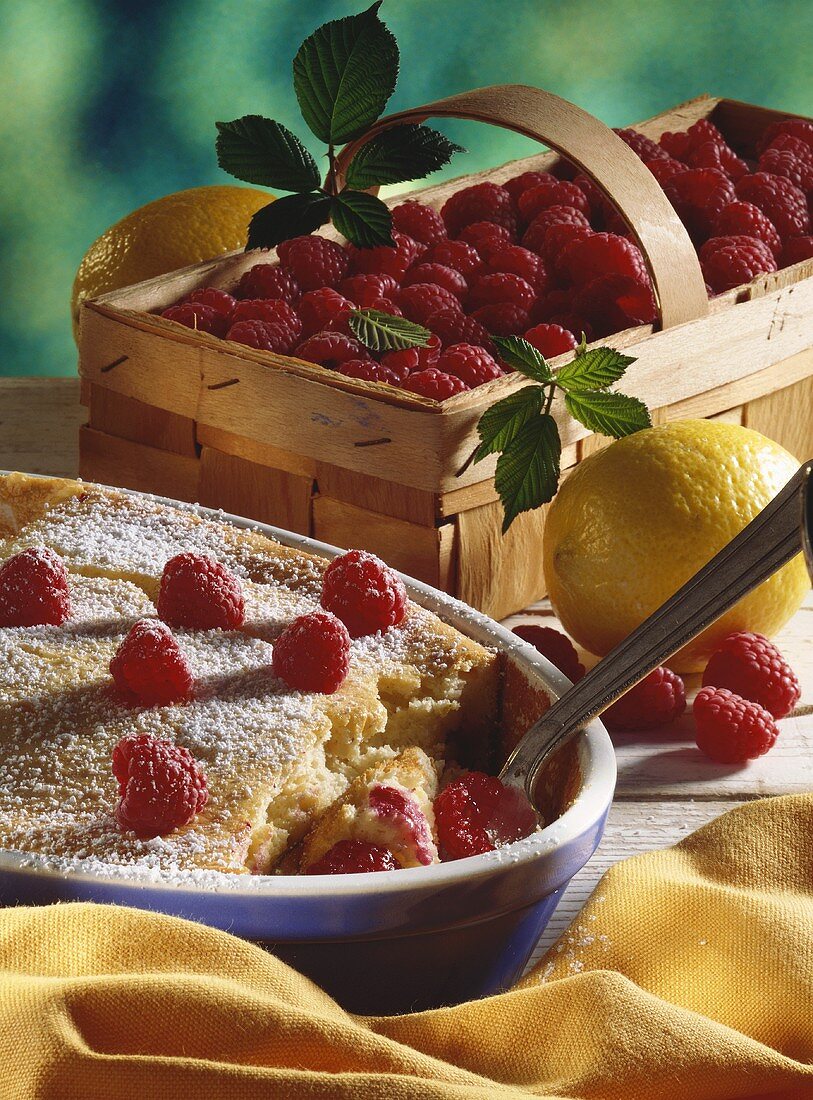 Yogurt Bake with Raspberries; Powdered Sugar