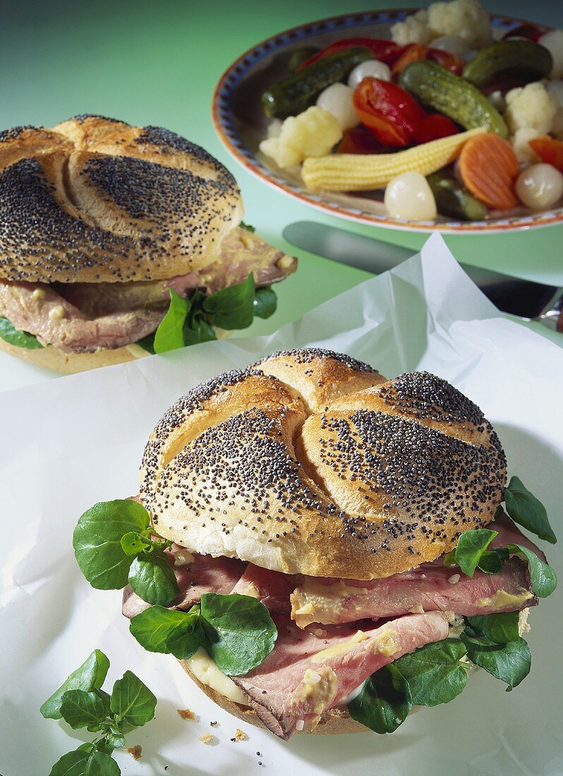 Poppy seed roll with roast beef, watercress & mayonnaise