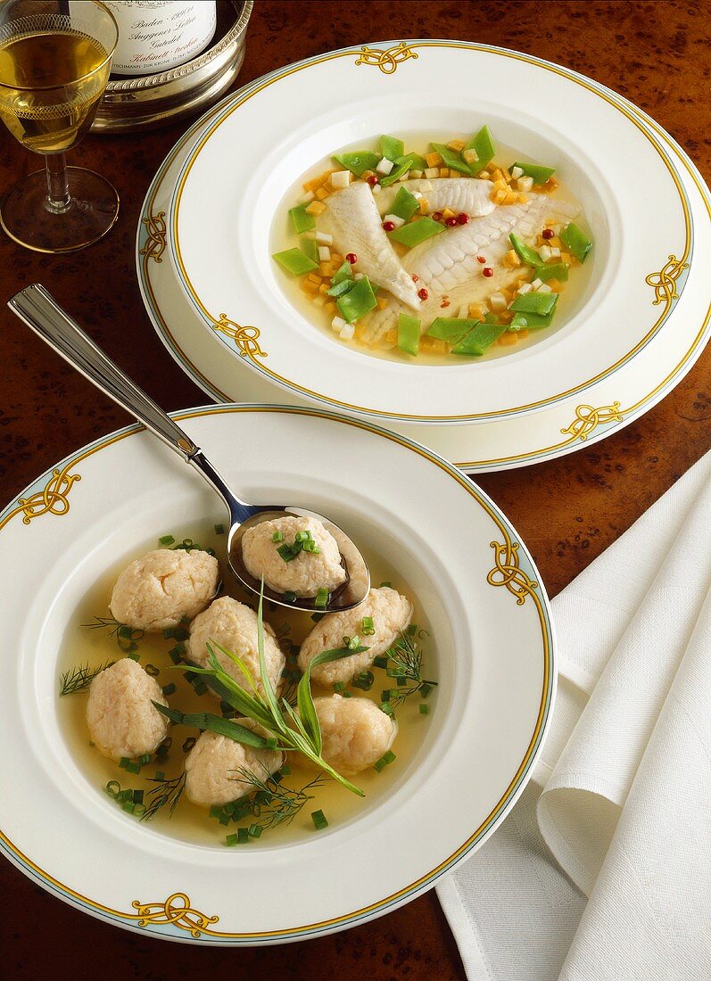 Turbot soup with vegetables & salmon dumplings in herb broth