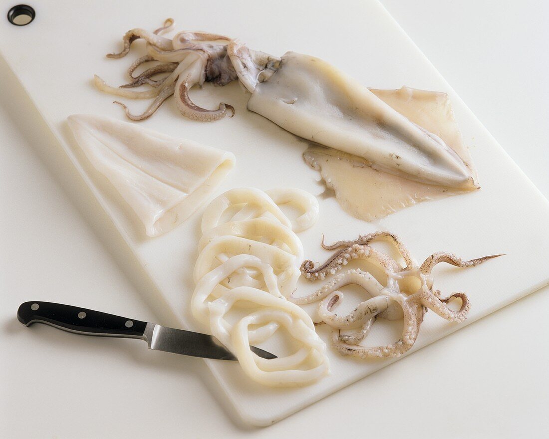 Washed cuttlefish, partly cut into rings