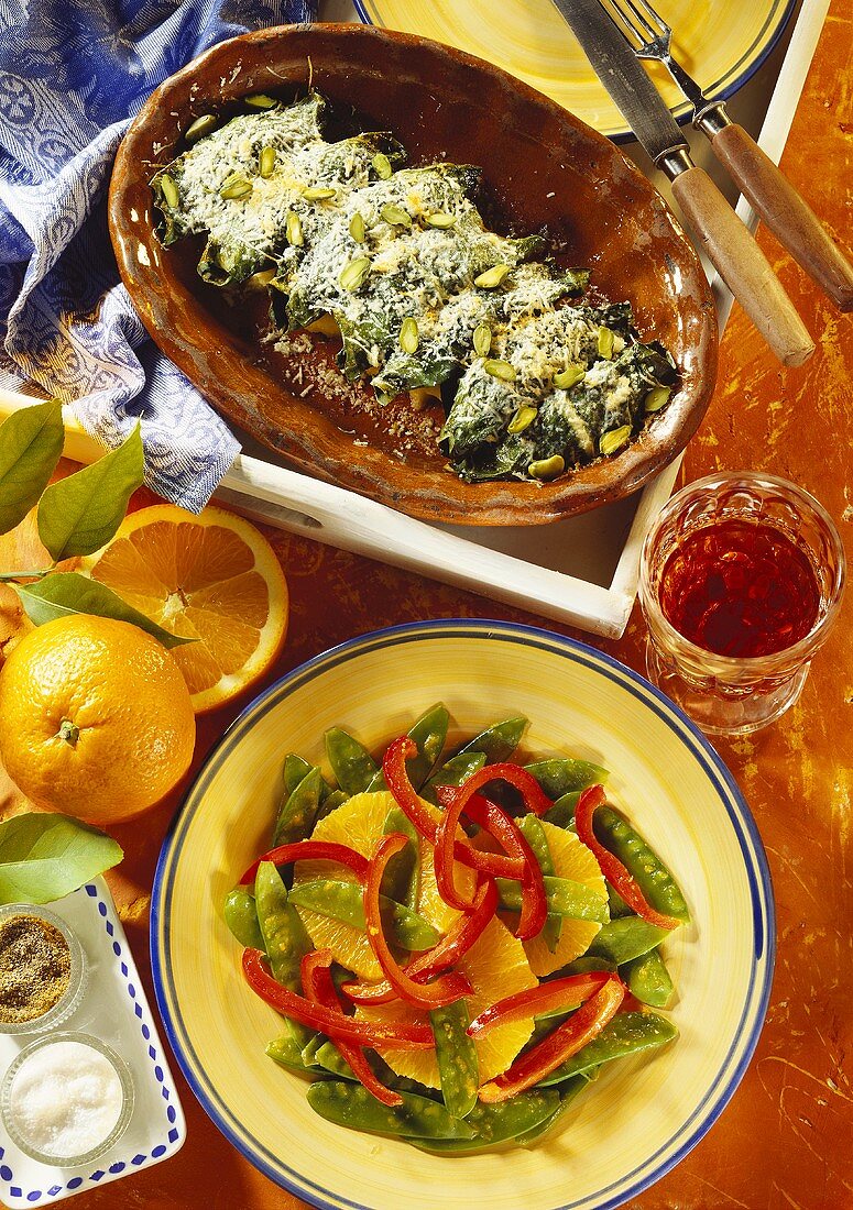 Peppers & mangetouts with oranges and chard rolls