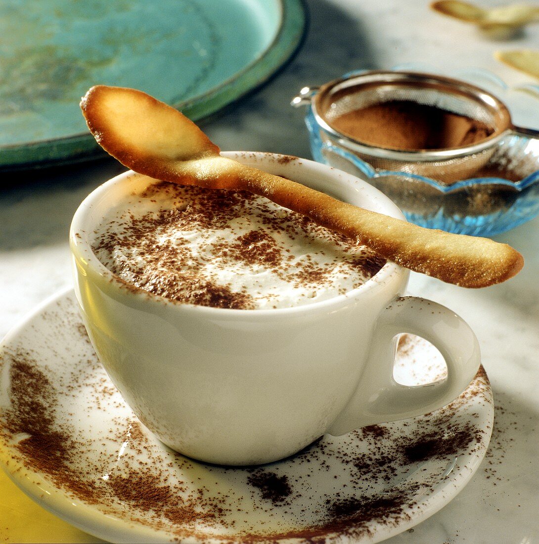 Cappuccino ice cream in coffee cup with biscuit spoon