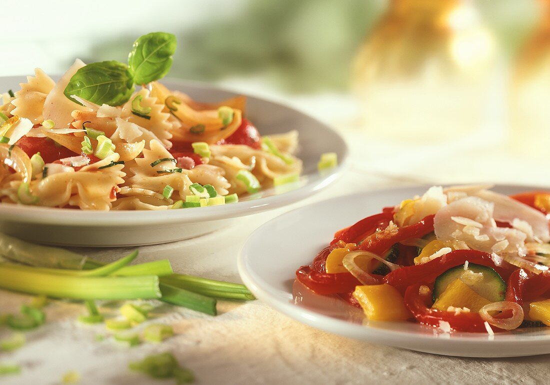 Pepper & courgette salad & farfalle with vegetables & basil