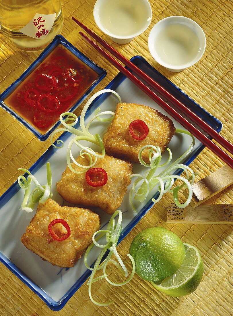 Catfish tempura with honey and chili dip