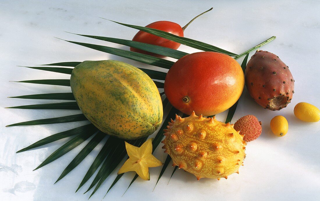 Assorted Exotic Fruit on a Palm Leaf