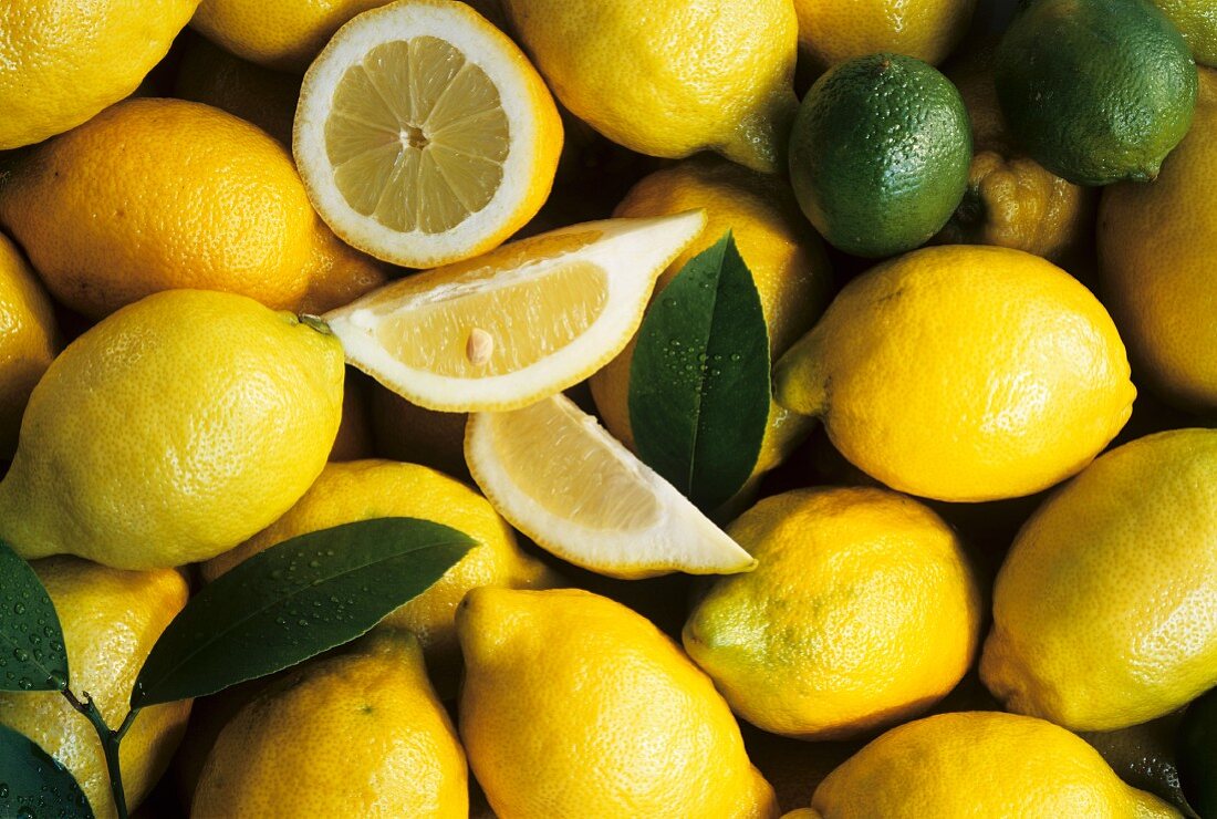 Many Whole Lemons with Lemon Wedges; Limes