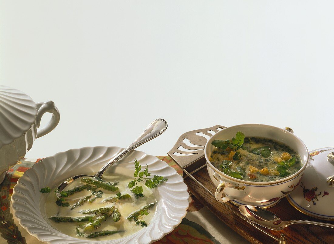 Green creamed asparagus soup & watercress soup with croutons