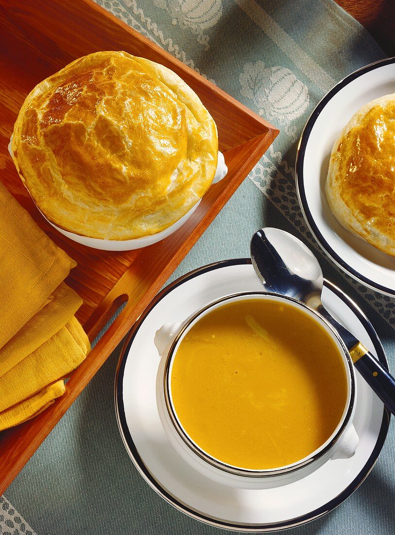 Pumpkin soup with and without pastry topping