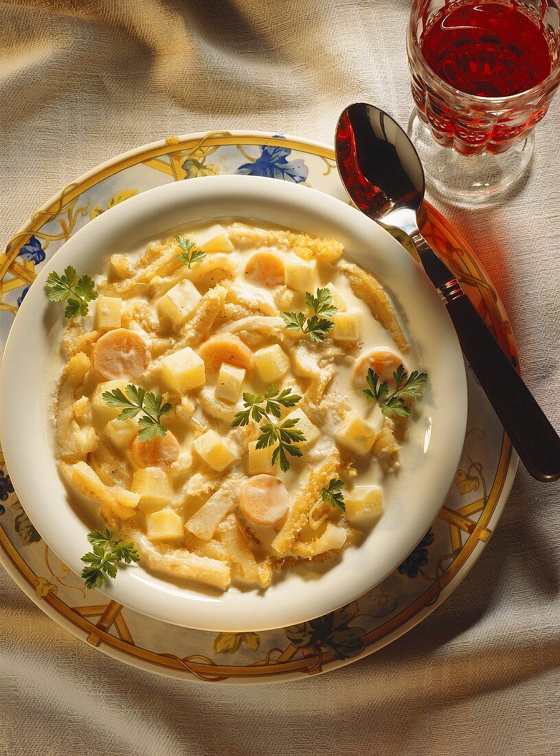 Tripe in vinegar mousse with carrots, potatoes & parsley