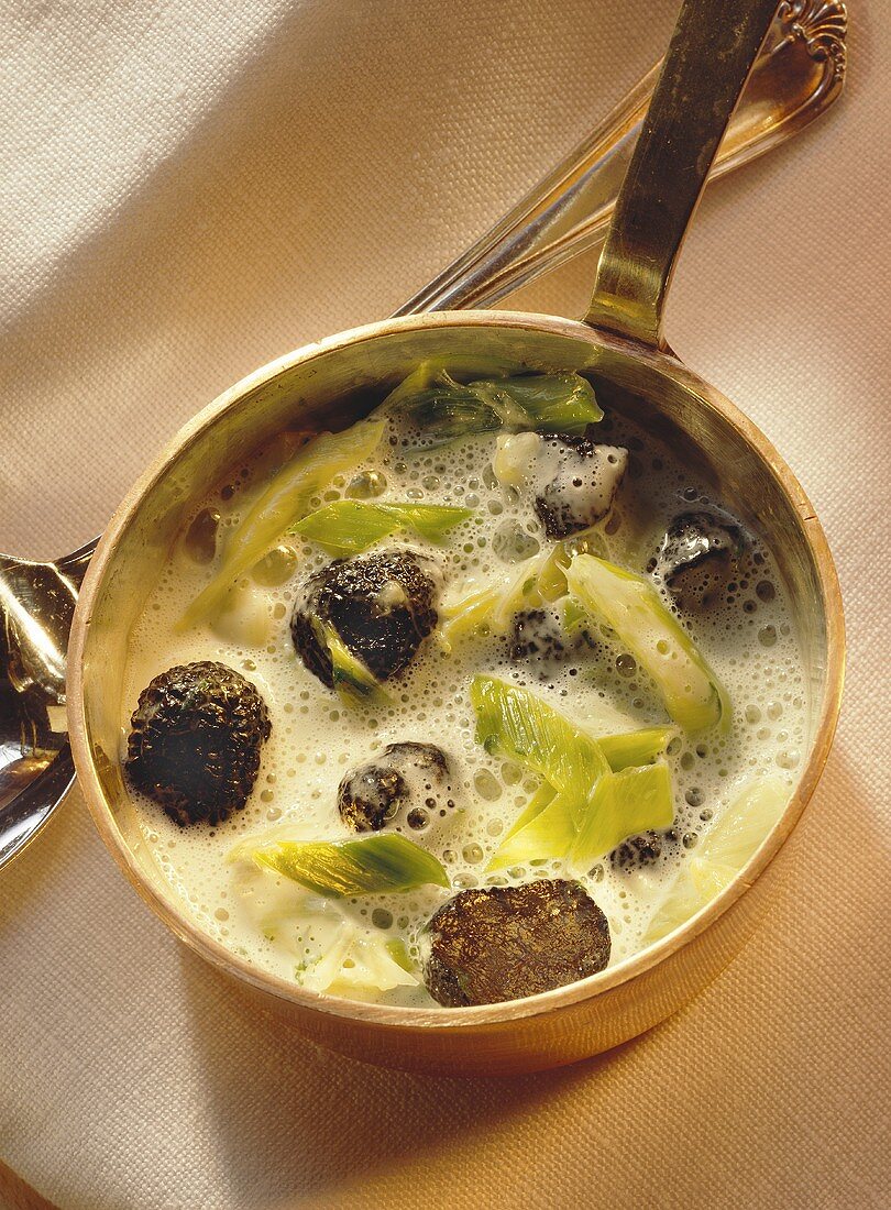 White wine sauce with strips of leek and truffles